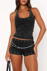 Studded Halter Neck Sleeveless Top Shorts Matching Set - Black